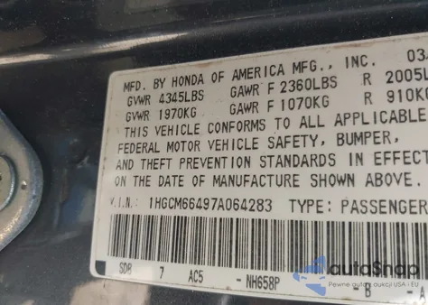 2007 Honda Accord 3.0 Se from USA, damaged, VIN 1HGCM66497A064283